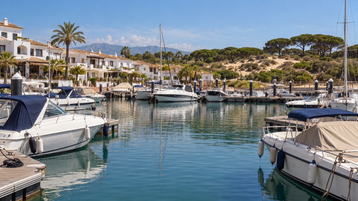The marina basin at Puerto de Cabopino with the protected Artola dunes behind it