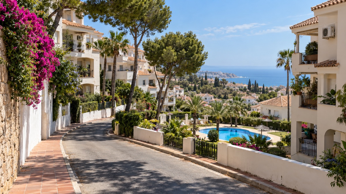 Low-rise white apartment blocks with terracotta roofs among pines on a Calahonda hillside