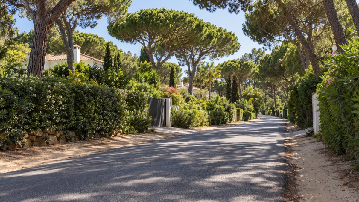 A quiet residential road in Elviria, white villas glimpsed between tall umbrella pines