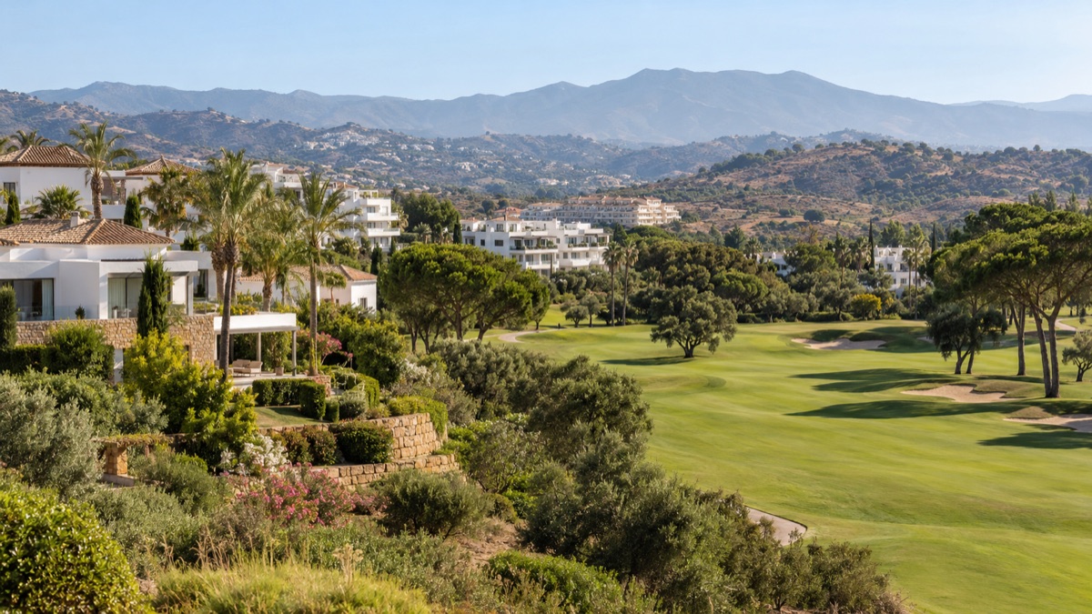 Villas and apartments along a fairway at La Cala Golf, above the coast