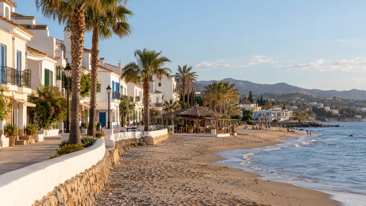 The seafront promenade at La Cala de Mijas, whitewashed buildings and a chiringuito