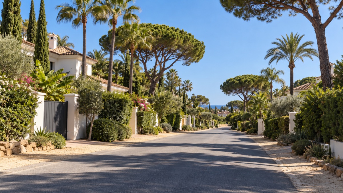 A wide residential avenue in Hacienda Las Chapas, large villas behind mature hedges