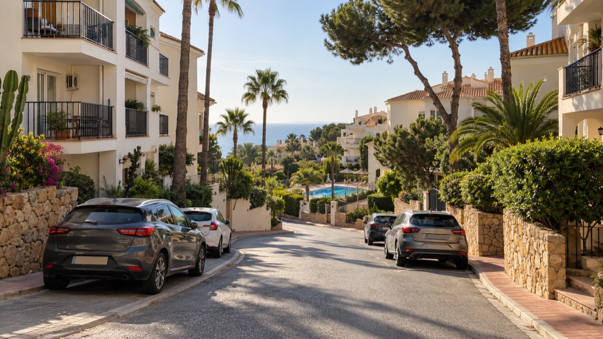 Apartment blocks and palms along a curving residential street at Riviera del Sol